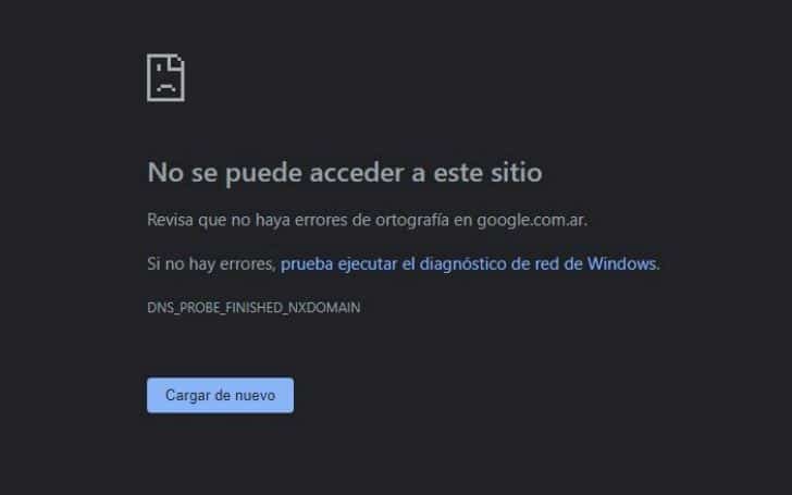 “O site não pode ser acessado”, informava o aviso de erro no endereço da Google na Argentina. Imagem de captura de tela