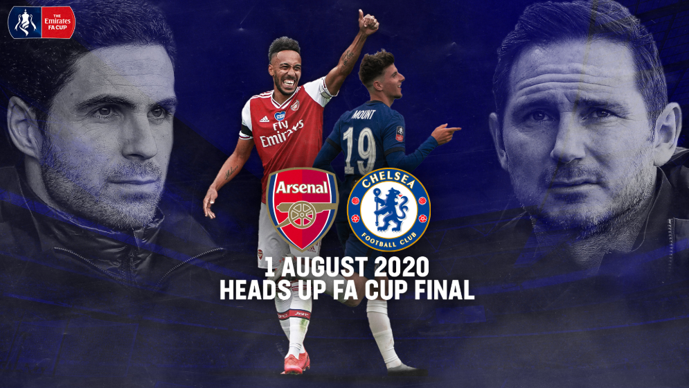 Arteta, Aubameyang, Mount e Lampard estão em destaque na arte publicada no Twitter da Copa da Inglaterra. Foto: Divulgação/The Emirates FA Cup. 