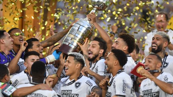 Jogadores do Botafogo erguem a taça da Libertadores
(foto: Alexandre Guzanshe/EM/D.A Press